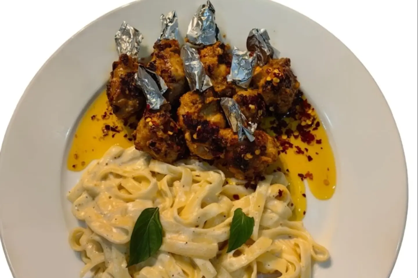 Grilled Chicken Wings With Olio Pasta Fettuccine With Alfredo Sauce