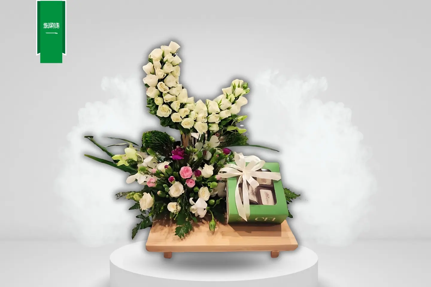 Wooden Stand With A Bouquet Of Natural Roses And Chocolates