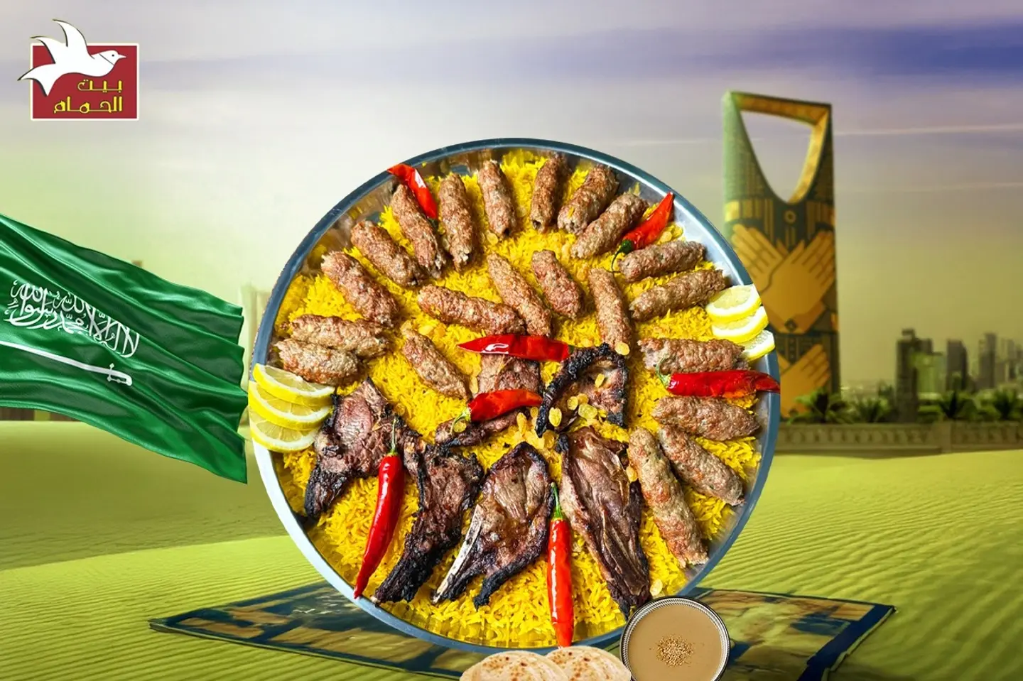 صينيه مشويات بيت الحمام كيلو كفته بلدي نص كيلو ريش ضاني رز بسمتي بالزبيب طحينه خبز بلدي