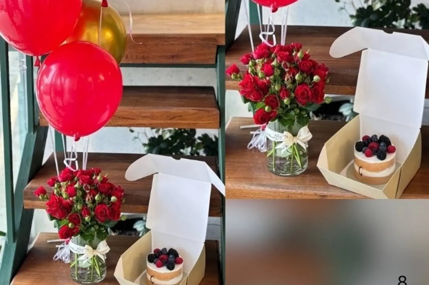 فازة ورد احمر مع كيك جاناش وبالونات