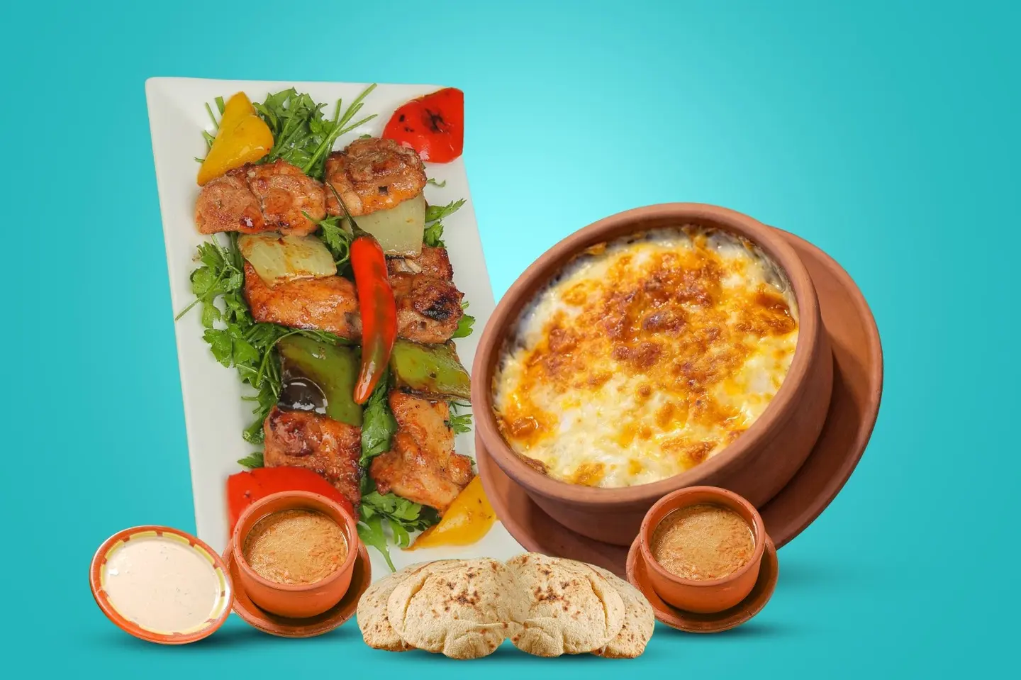 شيش طاووق + مكرونة بشاميل + ٢ شوربة لسان +طحينة