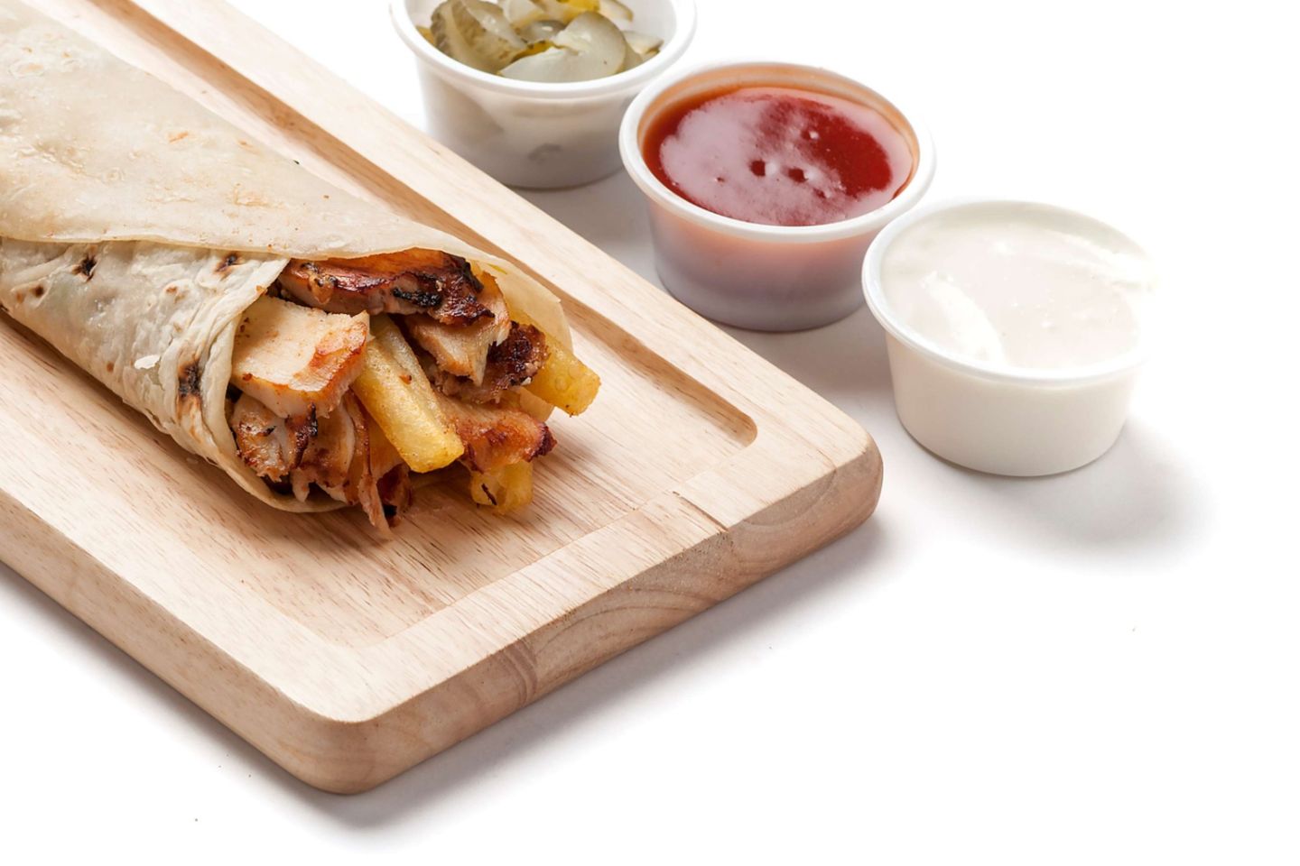 Large Shawarma - Chicken Pieces With Saj Bread Garlic Sauce And Pickles With Potatoes