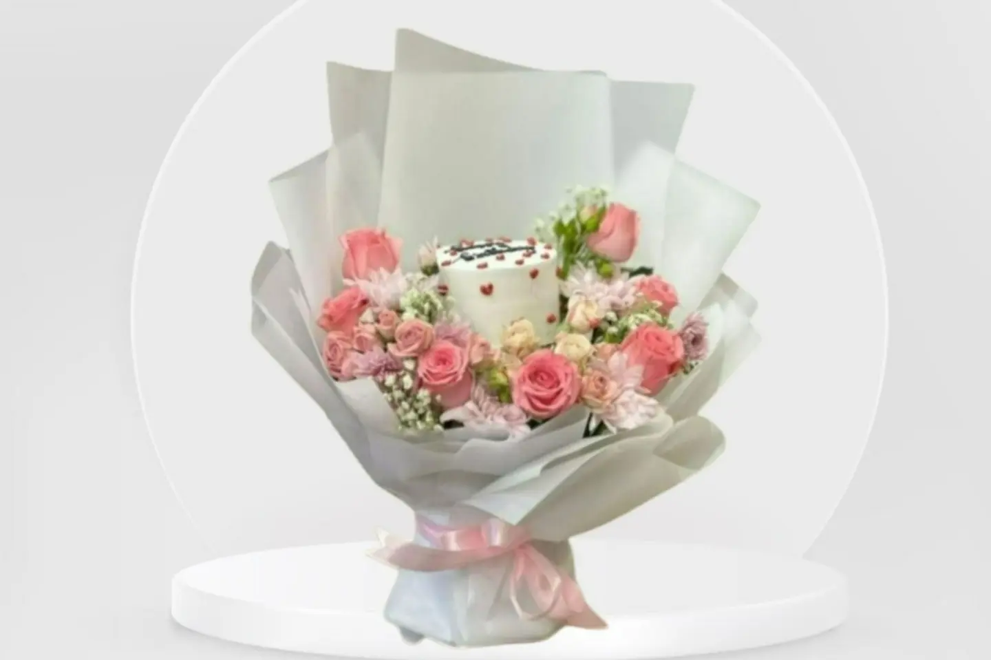 Pink Bouquet And Cake