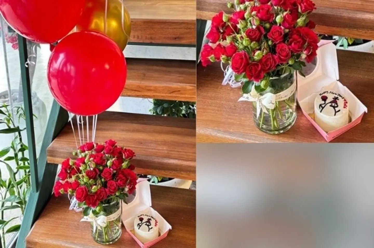 فازة ورد احمر وكيك منش وبالونات