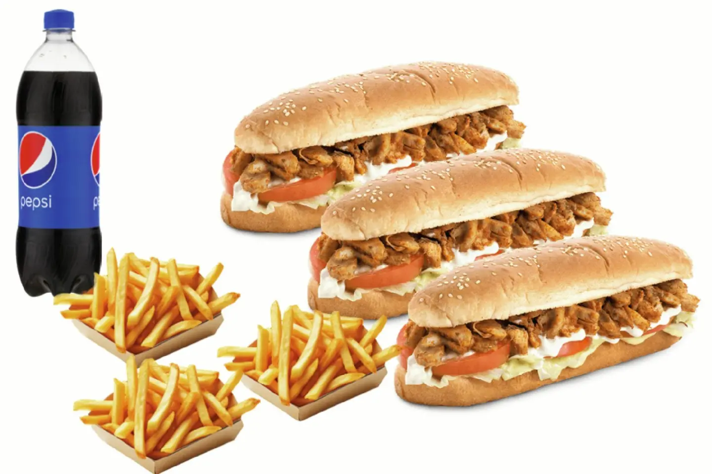 الوجبة العائلية - ثلاث ساندوش فاهيتا و ثلاثة بطاطس ولتر ببسي