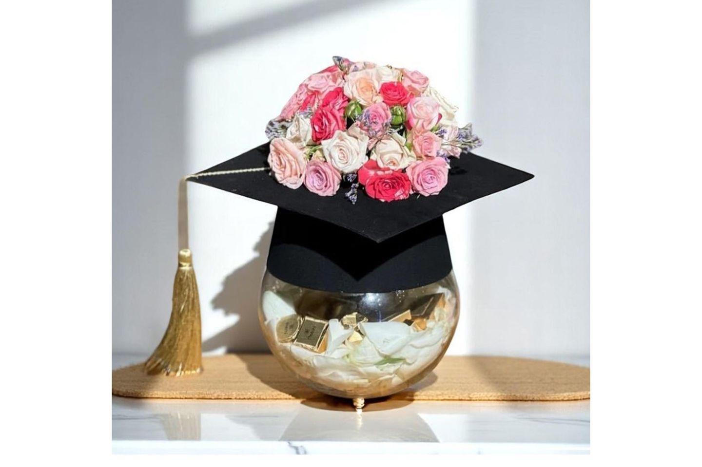 Vase Of Roses And Chocolates Graduation Cap