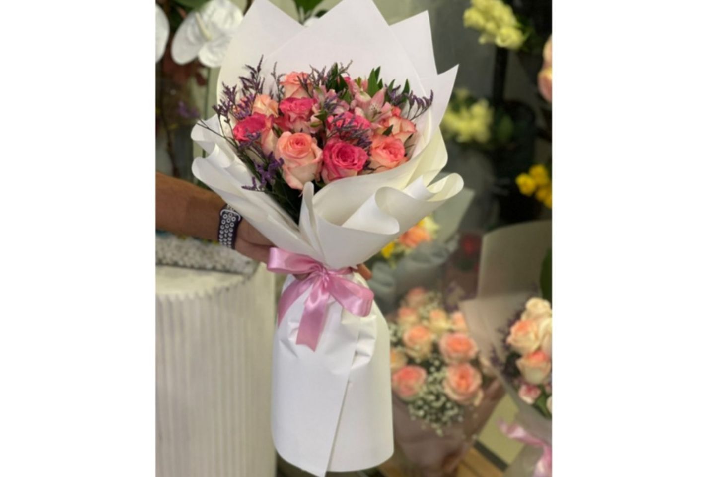 Pink Rose Bouquet And White Wrapping