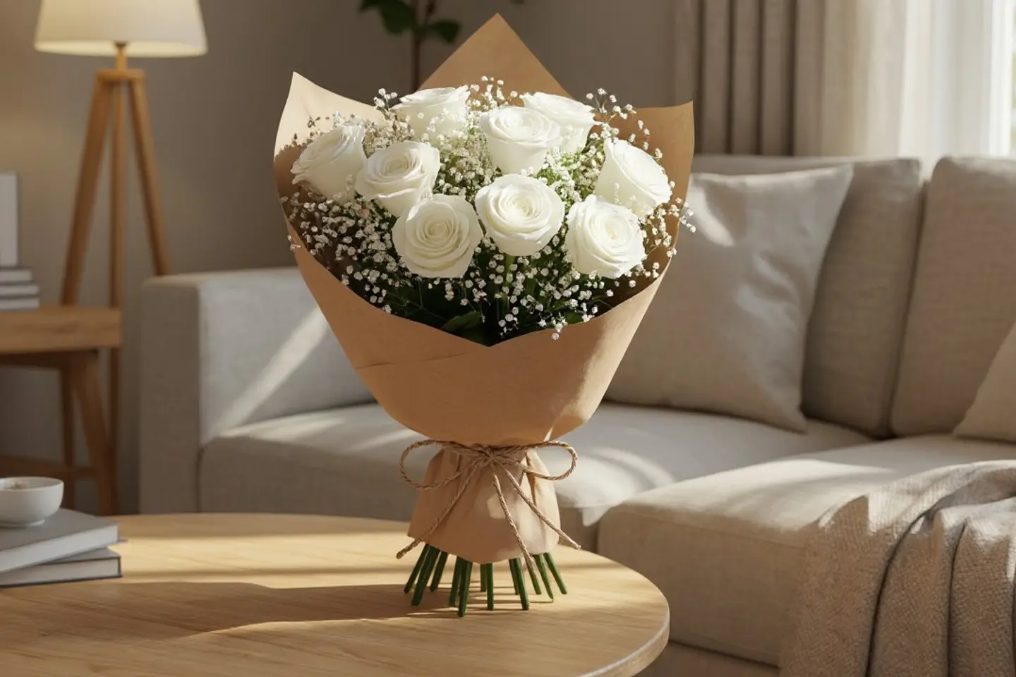 بوكيه ورود جوري أبيض بتغليف كرافت