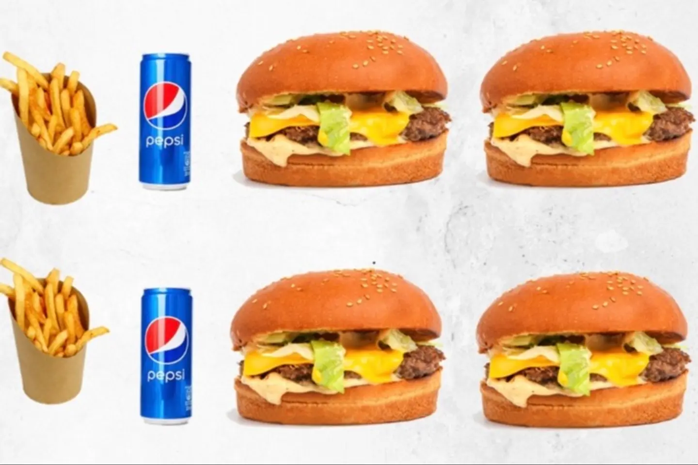 4 Grilled Single Burgers 2 Fries 2 Soft Drinks