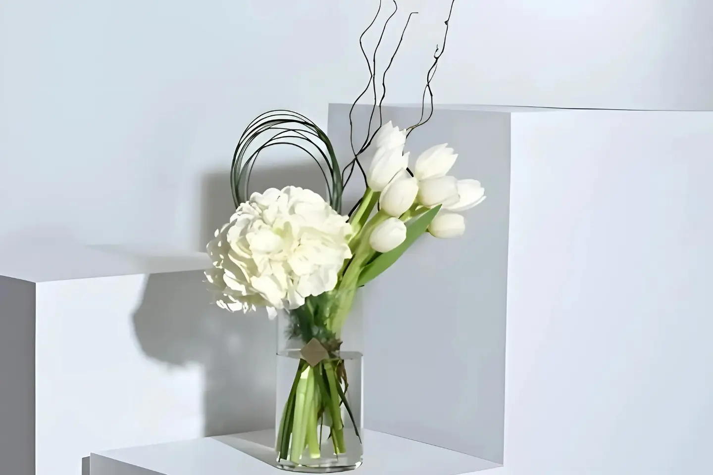 White Vase Of Tulips And Hydrangea