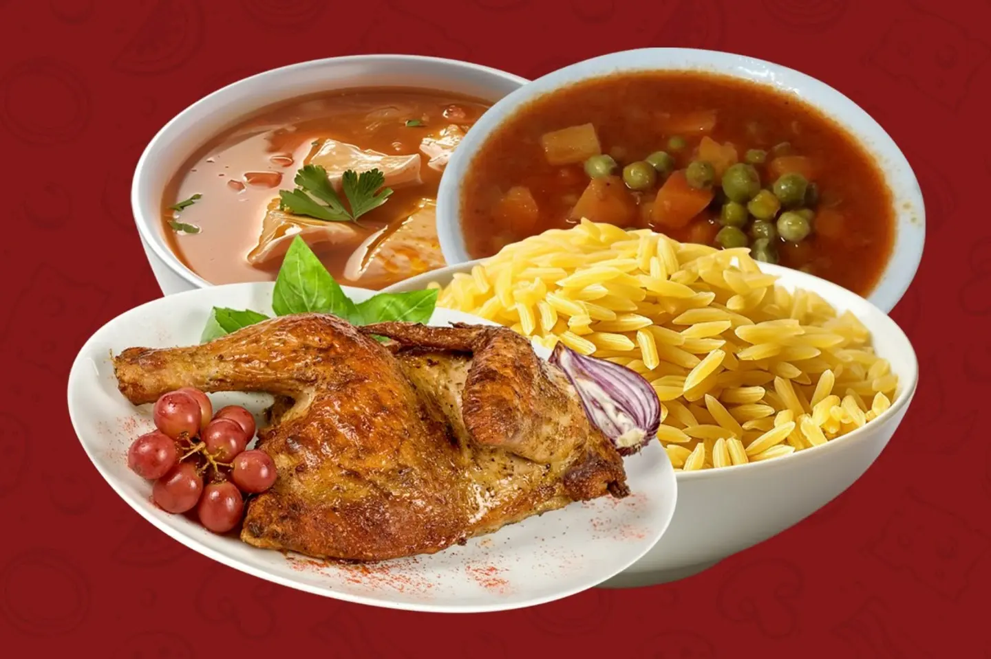 نصف حبة دجاج فرن رستو و خضار و شوربه و ارز