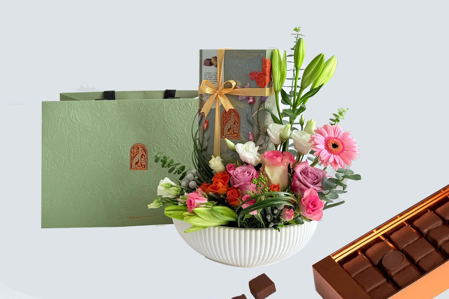 Vase With Roses And Chocolate, Fahda, Pistachio Kunafa