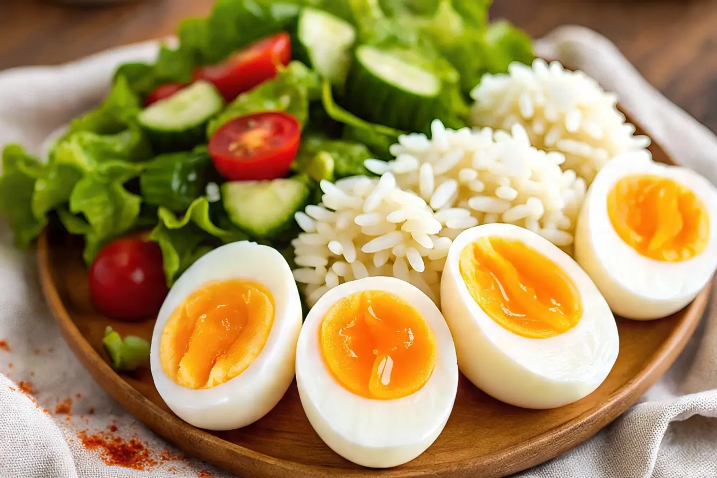 ست قطع بيض مسلوق مع أرز أبيض وسلطة خضراء