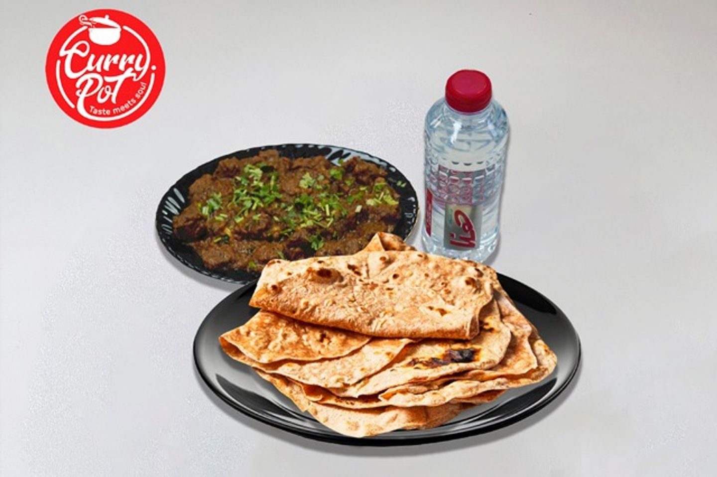خبز چاباتي + لحم مشوي + مياه
