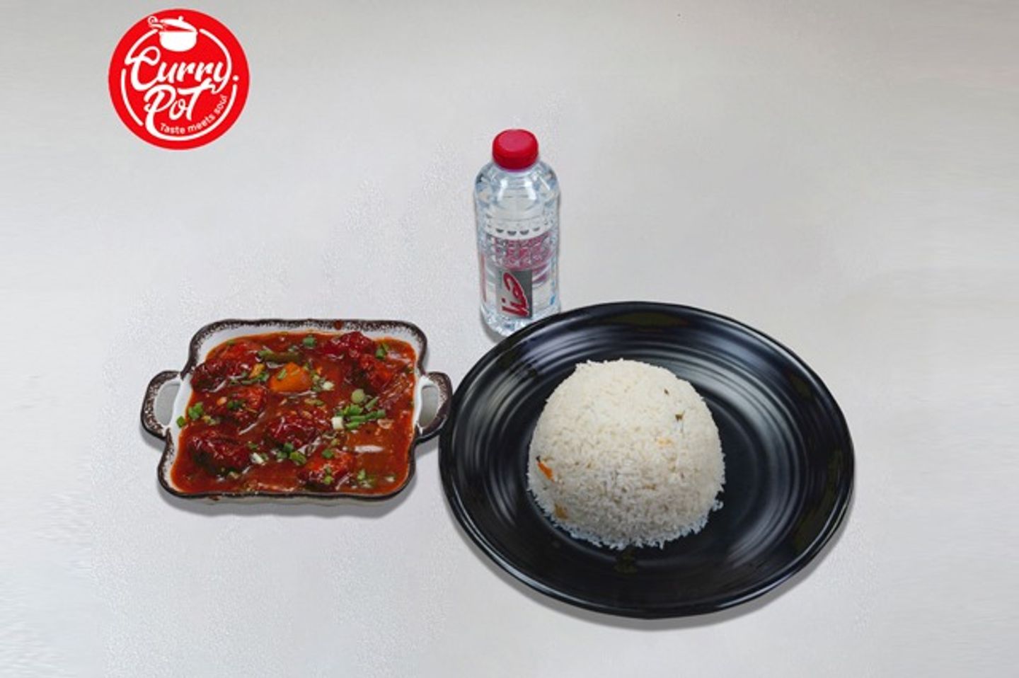 رز بالسمن + دجاج بالفلفل + مياه