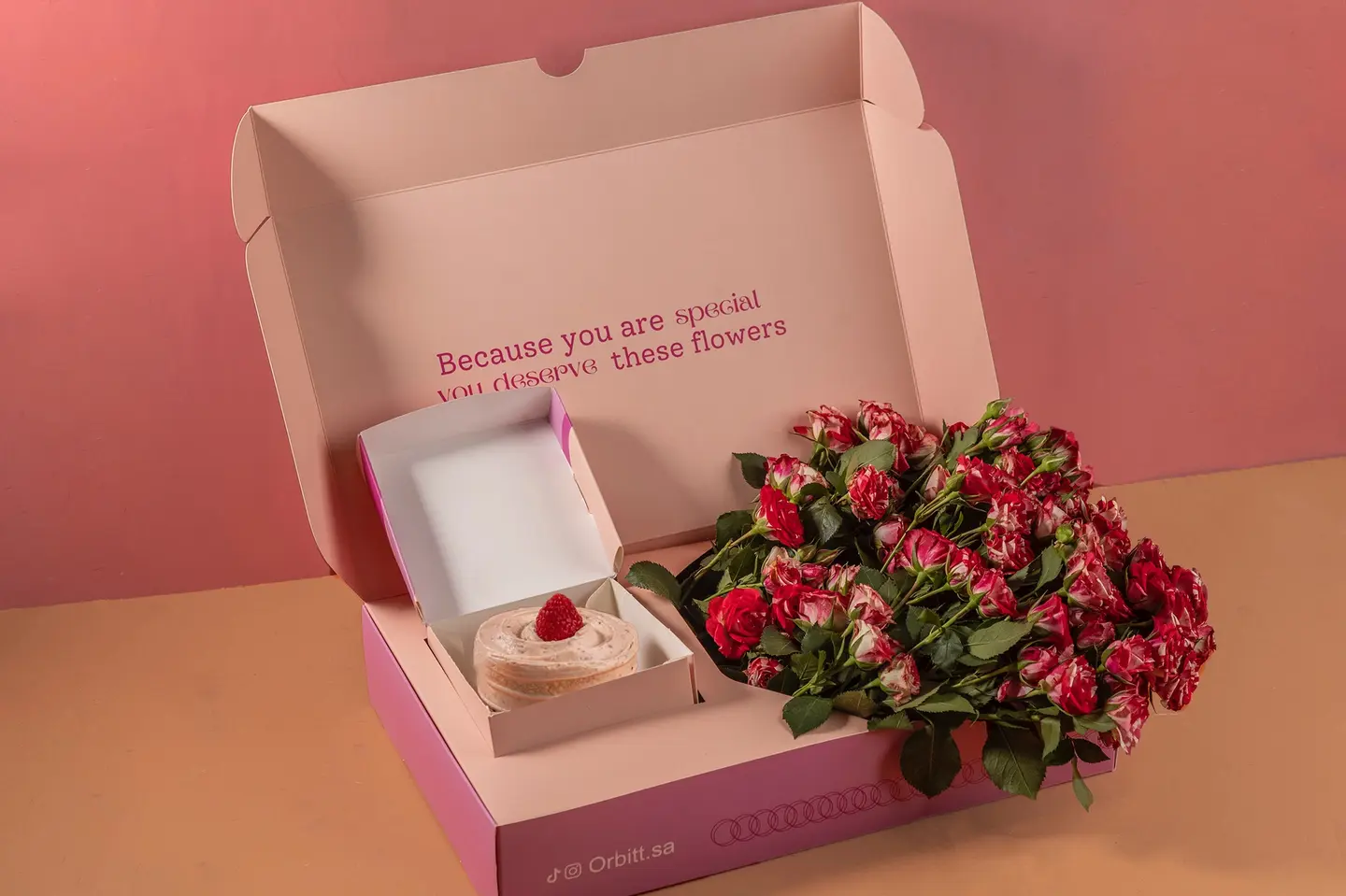 Red Rose Box And Red Berry Cake