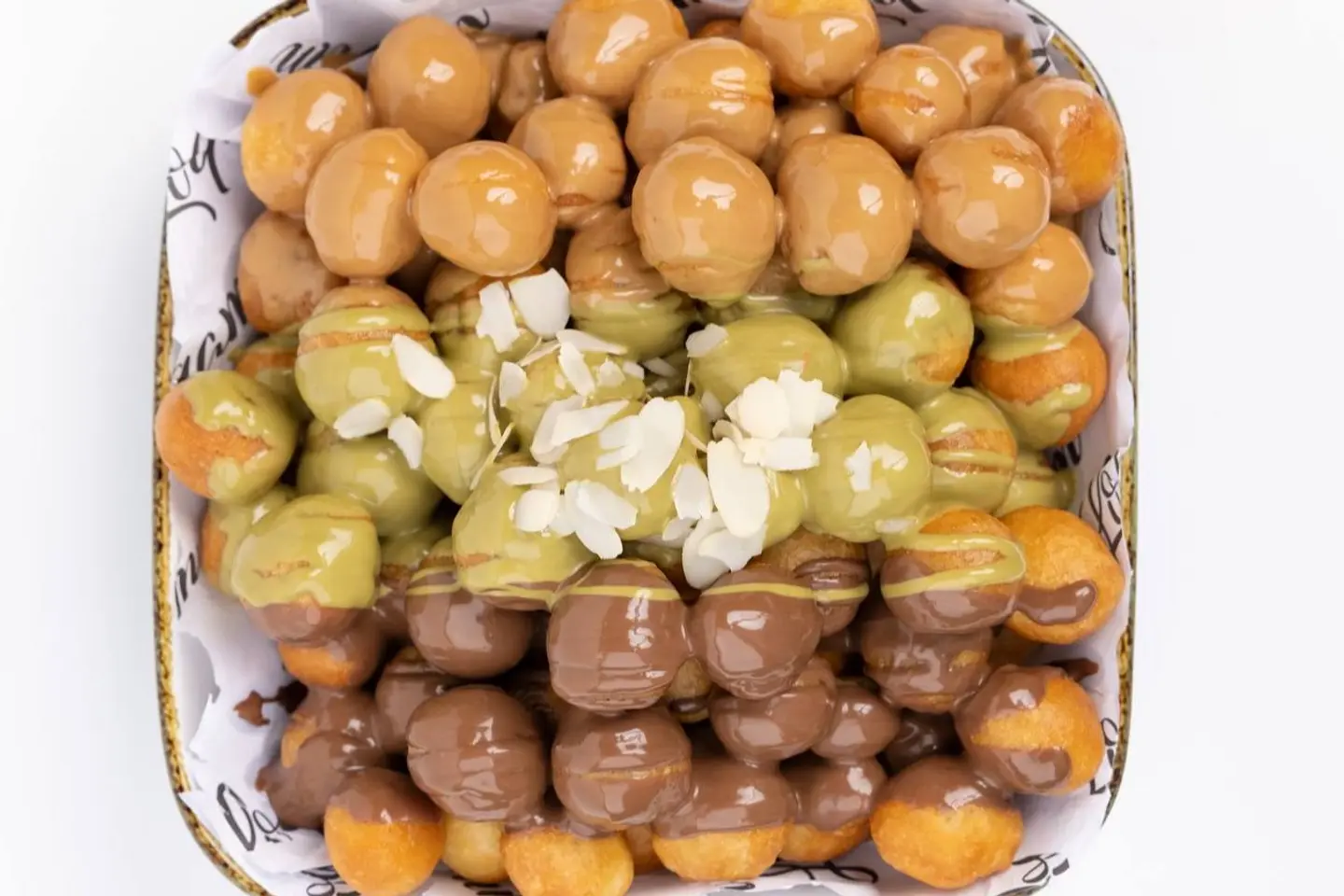 Luqaimat Box With Nutella Lotus And Pistachio Sauces - Luqaimat Box With Nutella Lotus And Pistachio Sauces