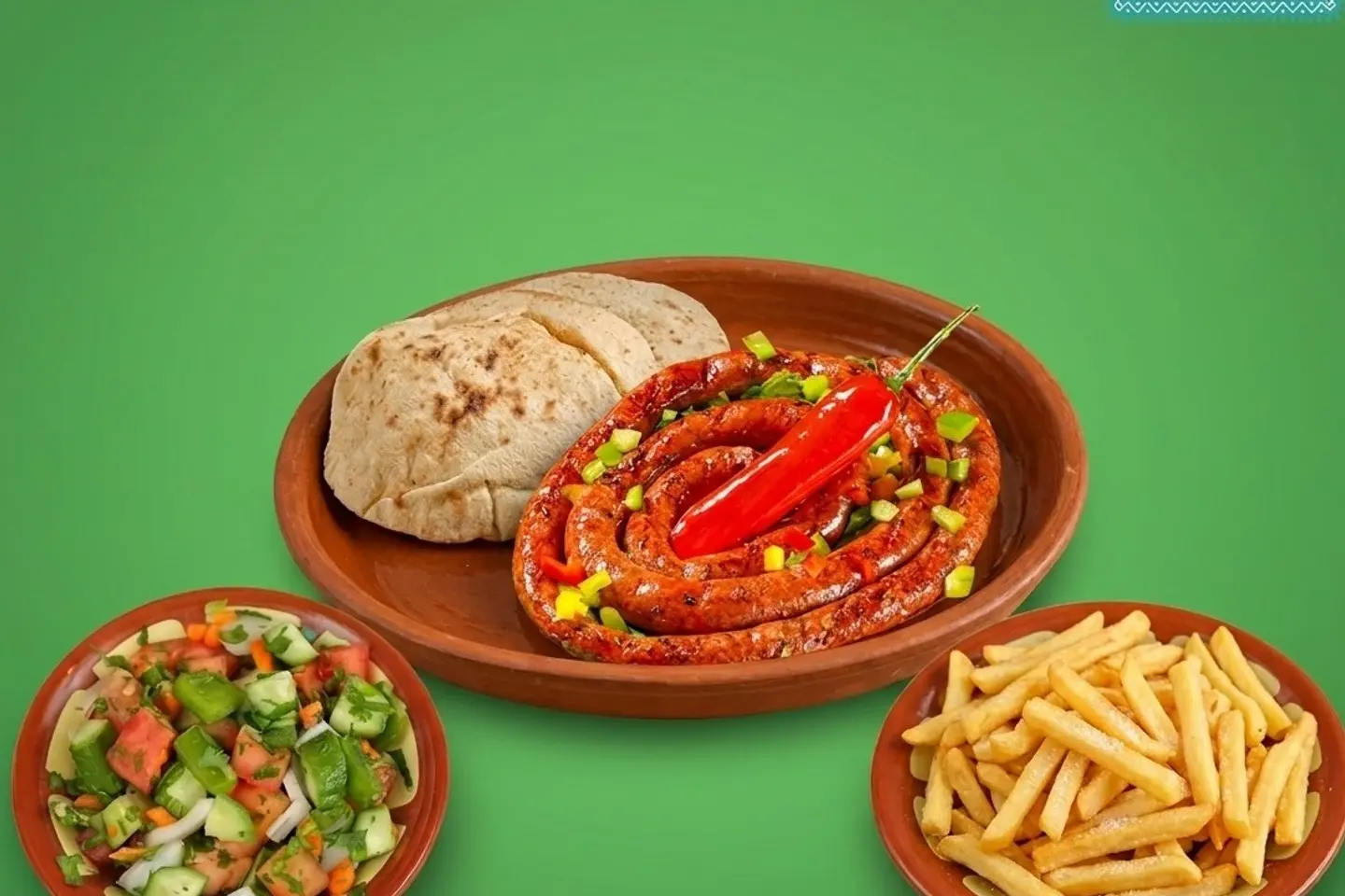 سجق مشوي سلطة بلدي بطاطس محمرة