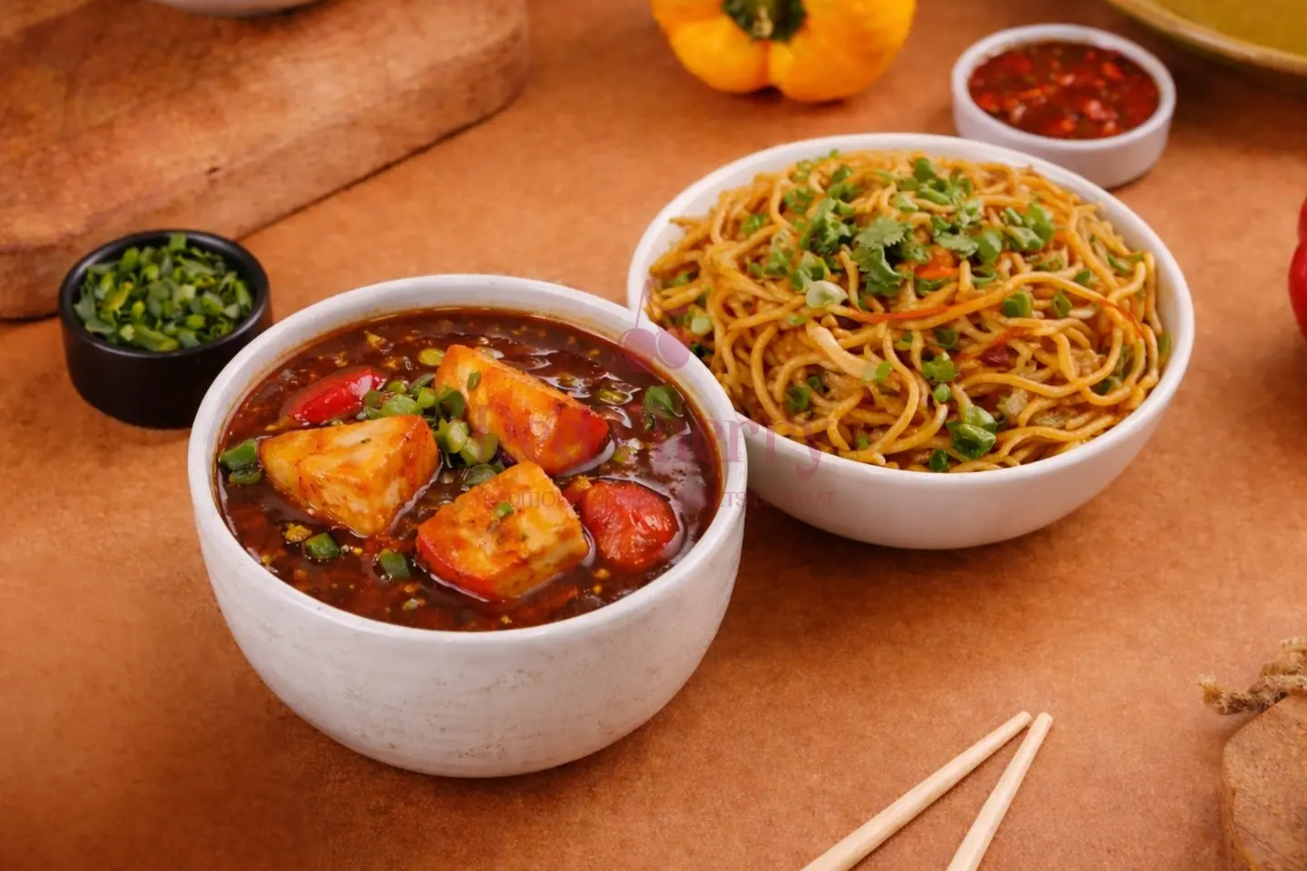 Veg Noodles With Chilli Paneer