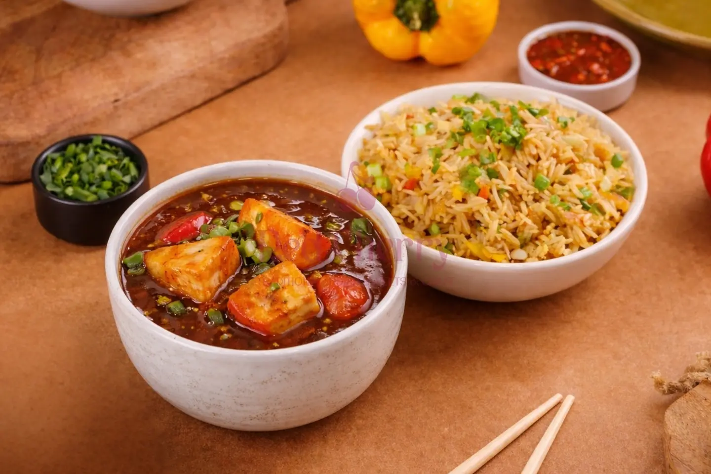 Veg Fried Rice With Chilli Paneer