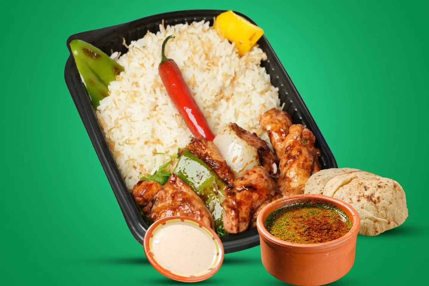 ⁠شيش طاووك - ارز شعرية - ملوخية- خبز