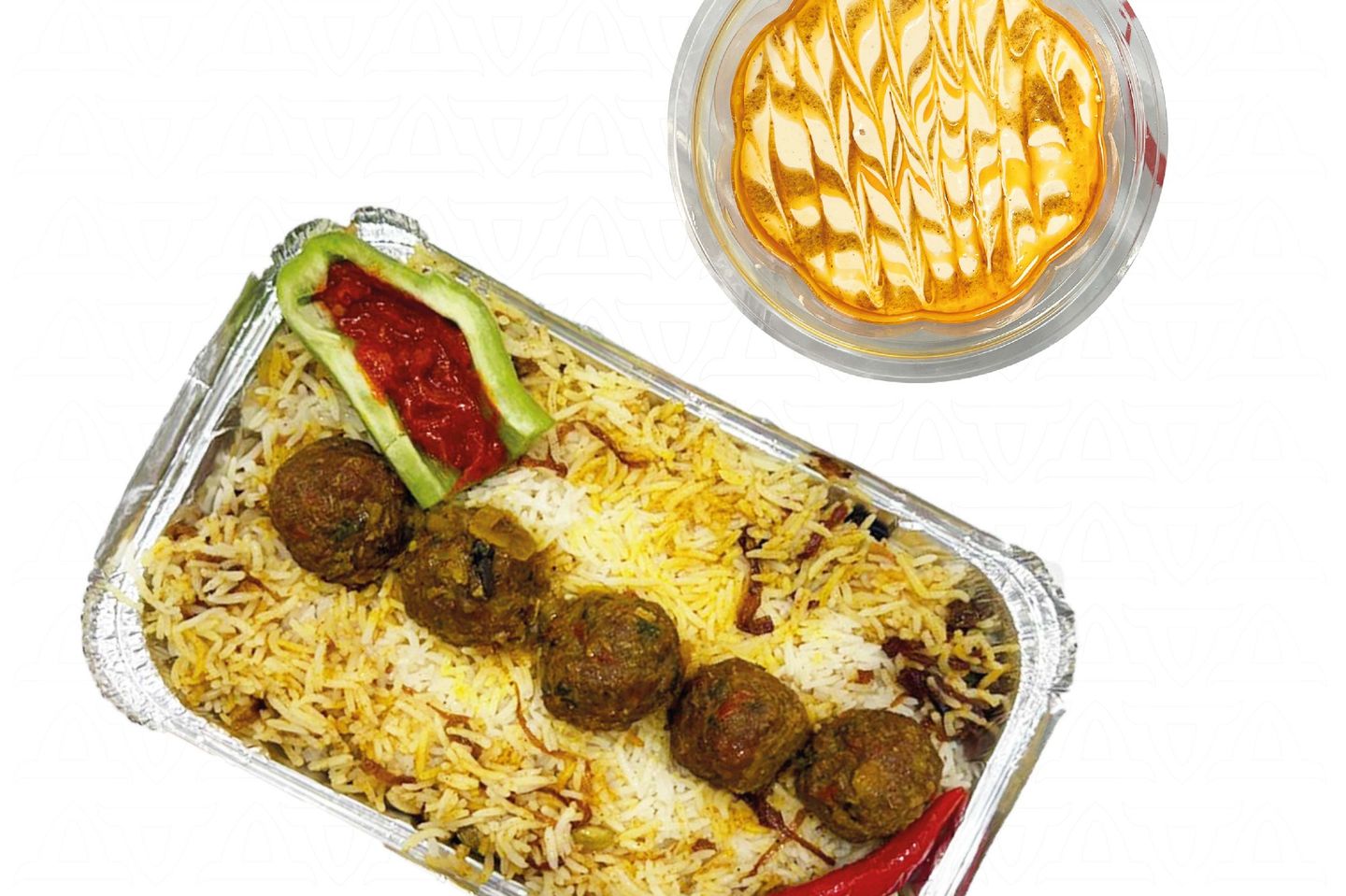 وجبة كرات اللحم مع الارز ، وسلطة الطحينة وببسي