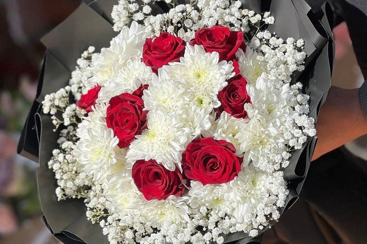 Bouquet Of White Cherries And Red Roses