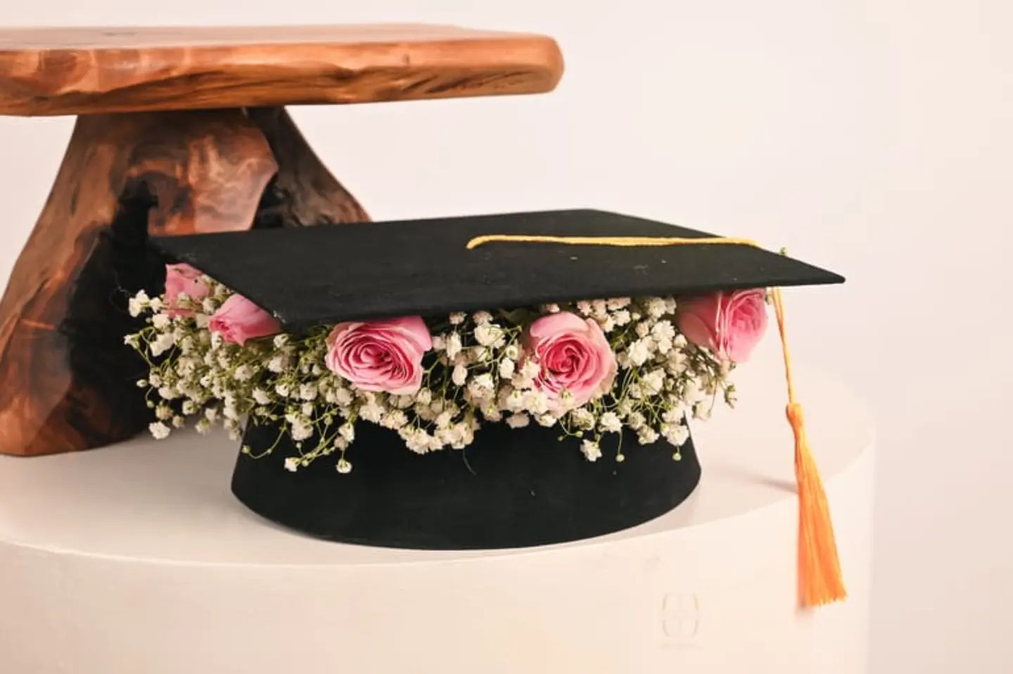 Graduation Cap With Pink Baby Rose Ribbon