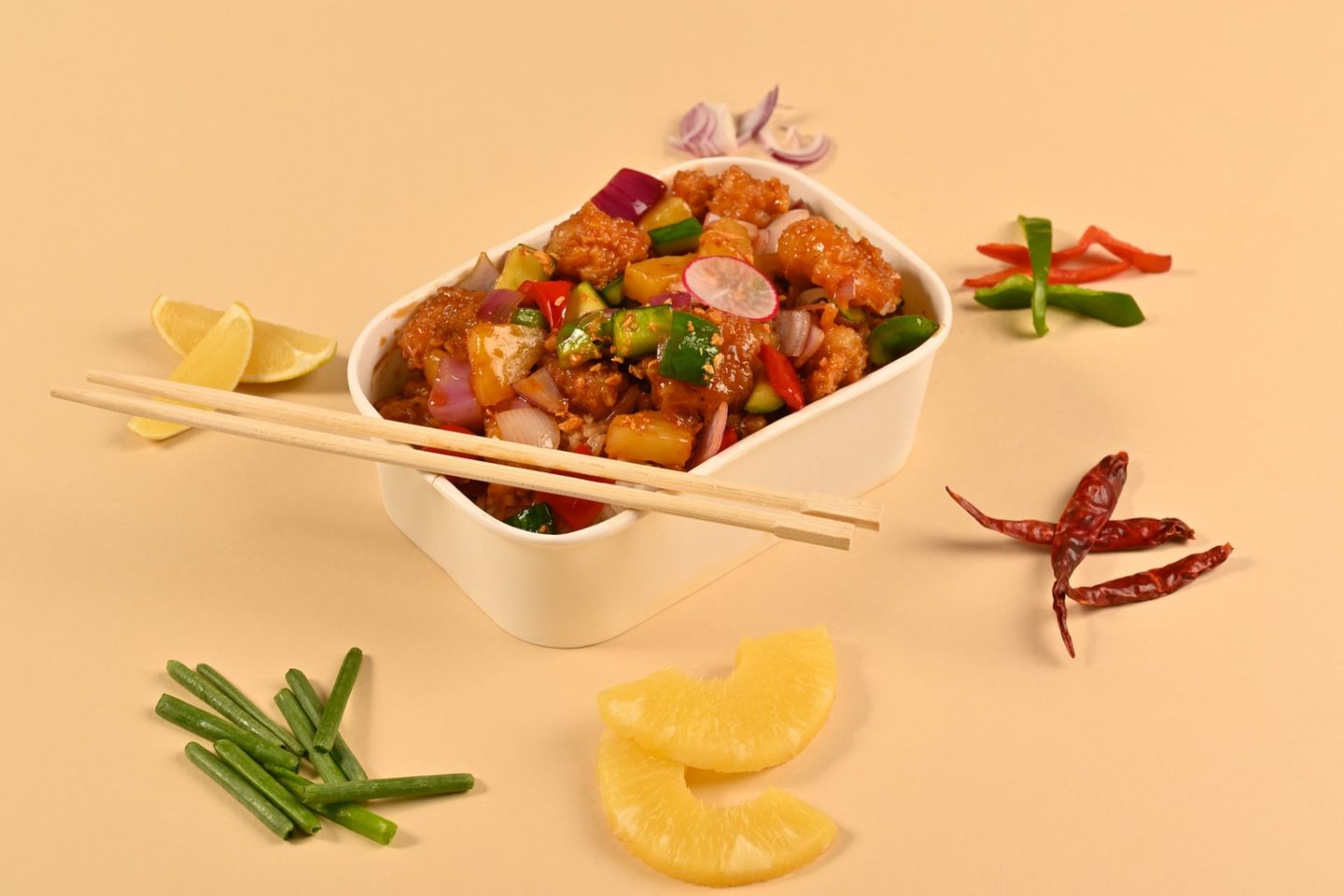 روبيان مع أرز بصلصة حلوة وحامضة