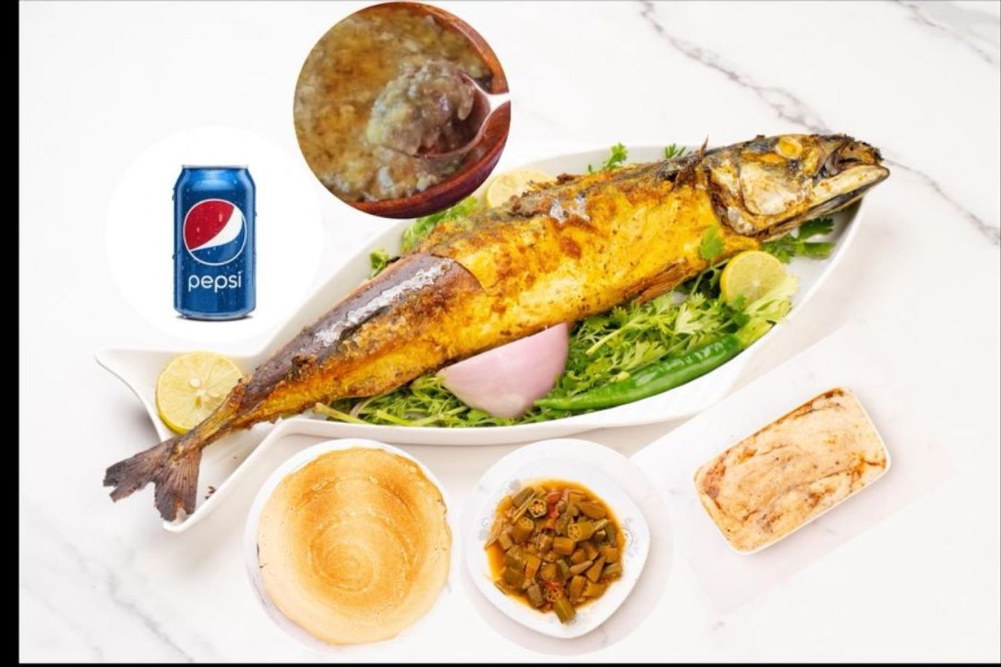سمك ميفا +مرسى دخن +بيبسي ((حبه لحوح كبير +ايدام بامية +حلبة مجانا))