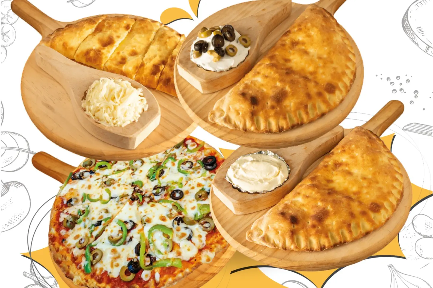 Pizza With Vegetables + Labneh With Olives + Halloumi Cheese + Kashkaval With Muhammara