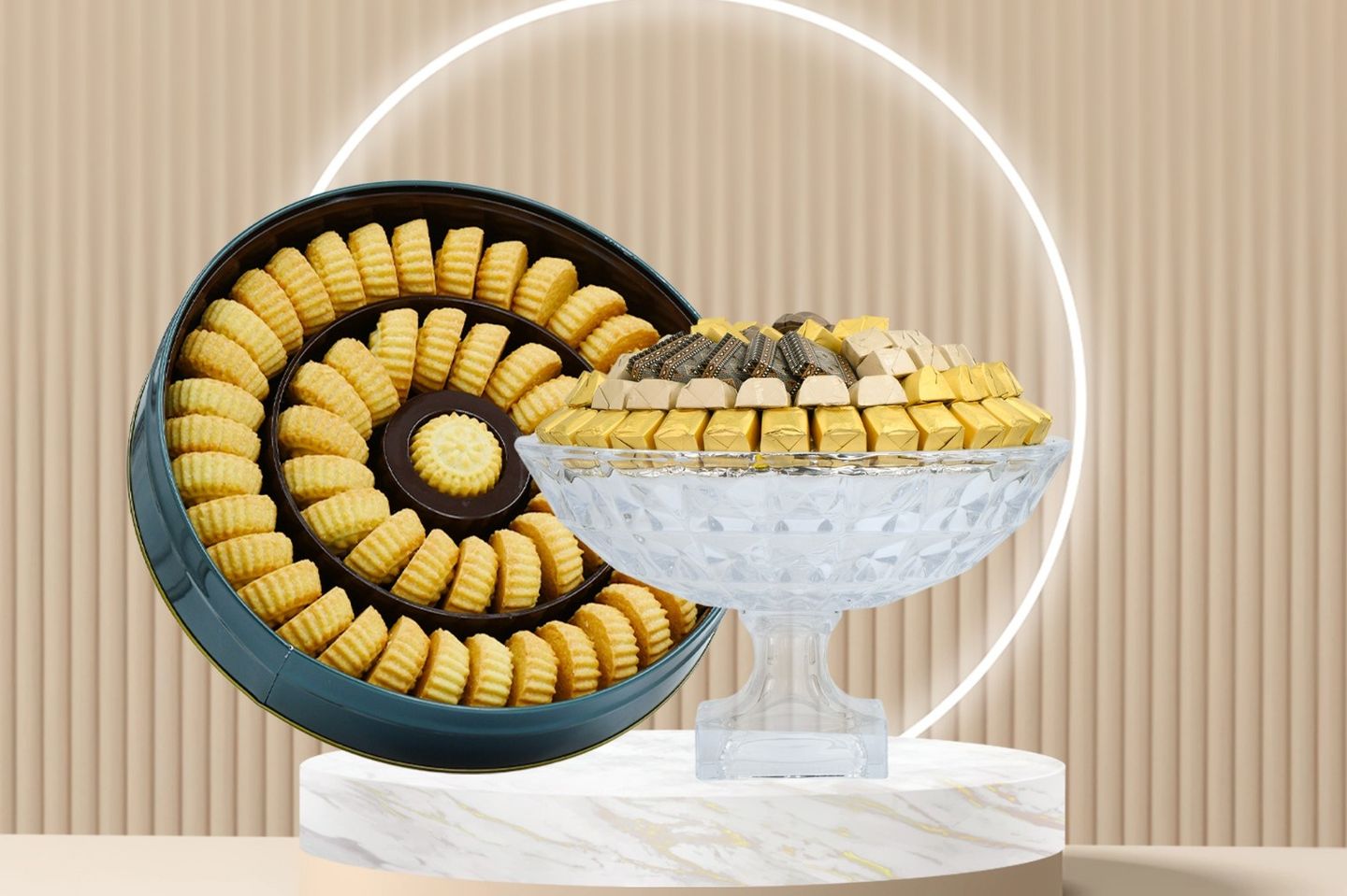 The Third Display Is A High Circular Display With A Large Maamoul.