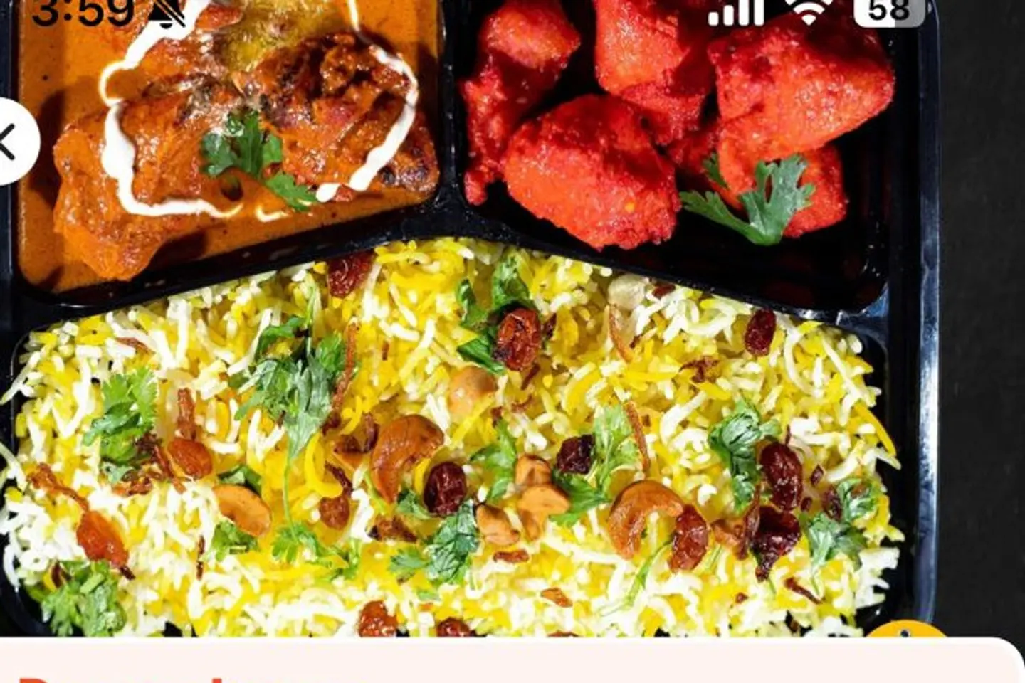 Biryani Rice Butter Chicken Gobi Manchuriyan Yogurt Salad And Bread