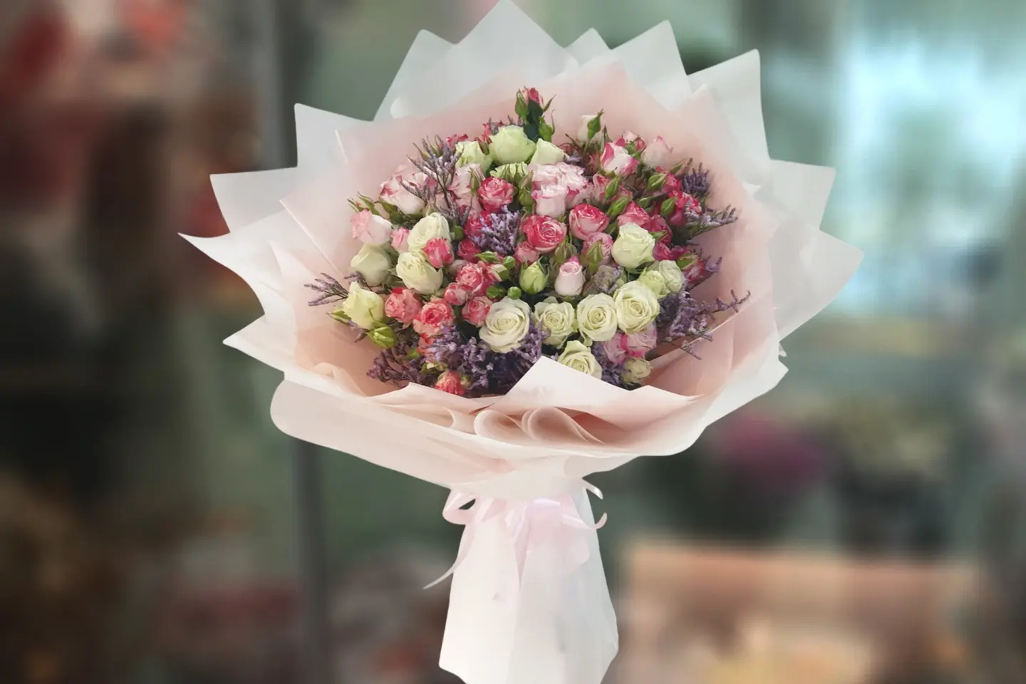 White Reflex And Fireworks Baby Rose Bouquet 1