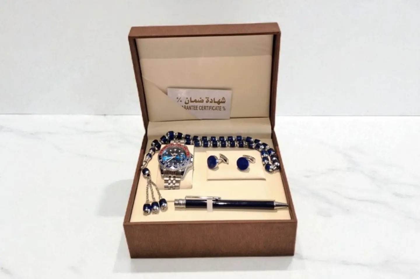 طقم رجالي ساعة وكبك وقلم ومسبحة لون كحلي