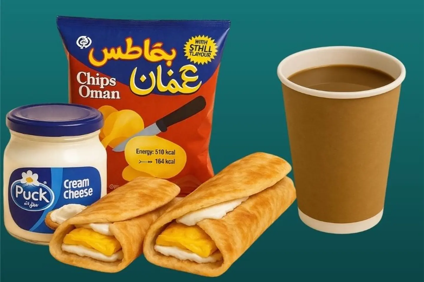 اثنين جباتي مع شبس عمان ومشروب ساخن