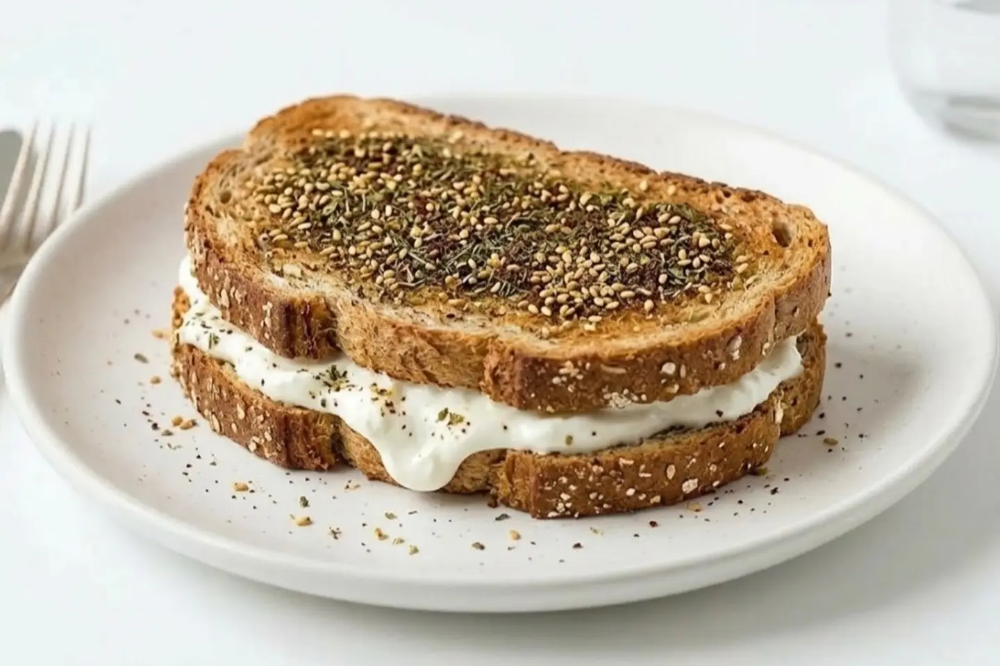 شريحة توست النخاله‭ ‬باللبنه‭ ‬والزعتر‭ ‬البري