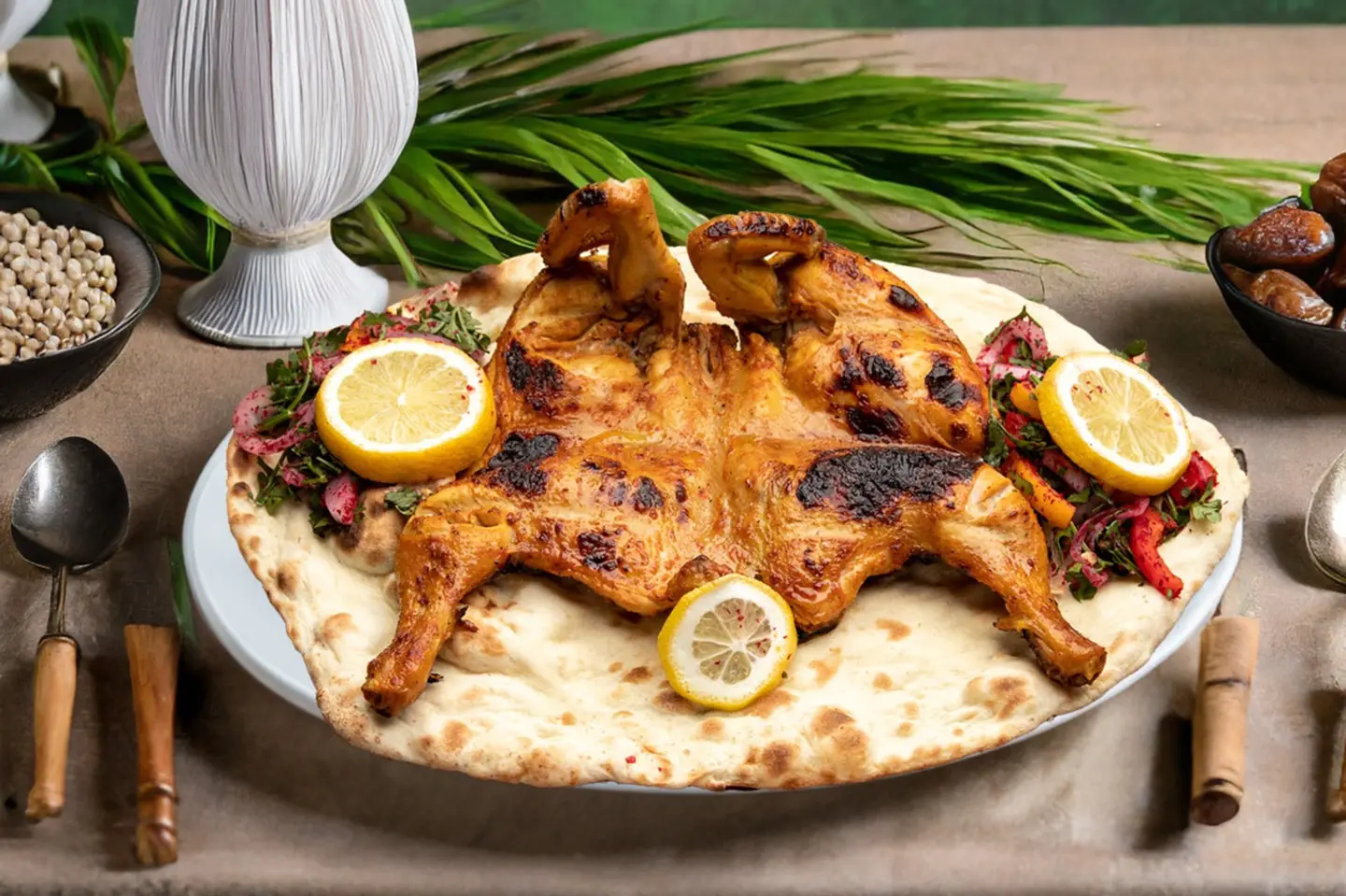 دجاج بالتنور كامل مع تمن ومرق