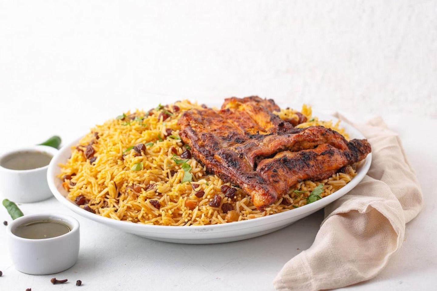 نصف دجاجة على الفحم مع أرز بخاري