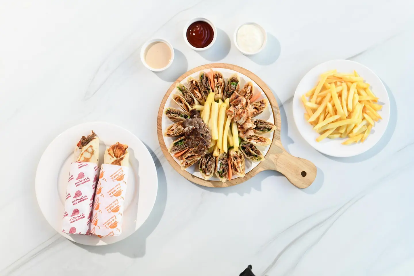 Arabic Shawarma Plate + 2 Sandwiches + Fries And Sauces