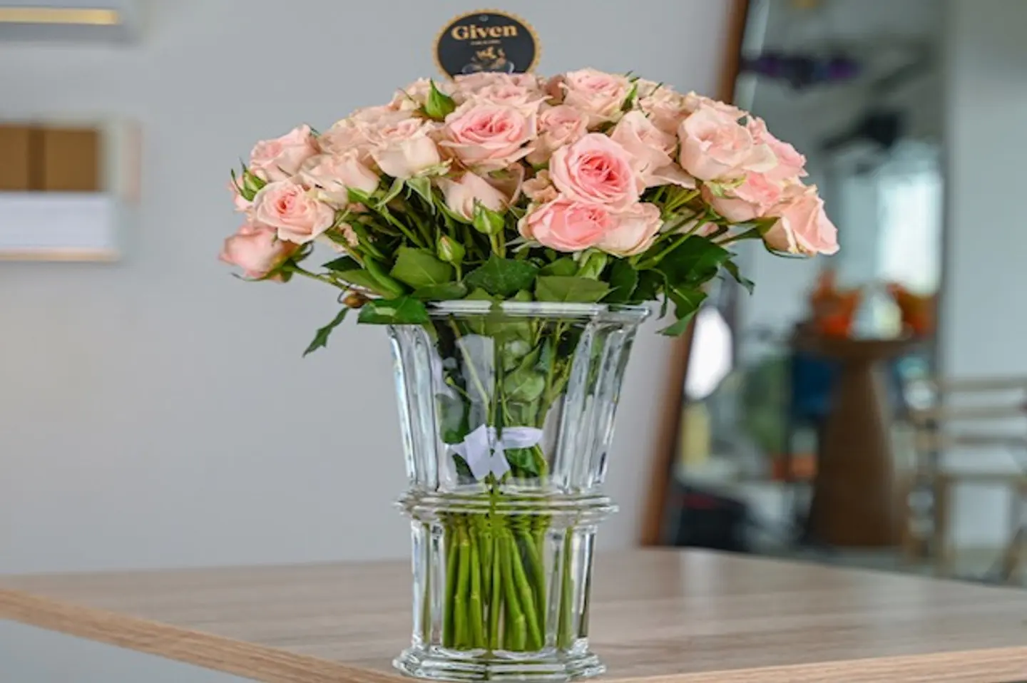 Given Classy Pink Baby Rose Crystal Vase With Branches