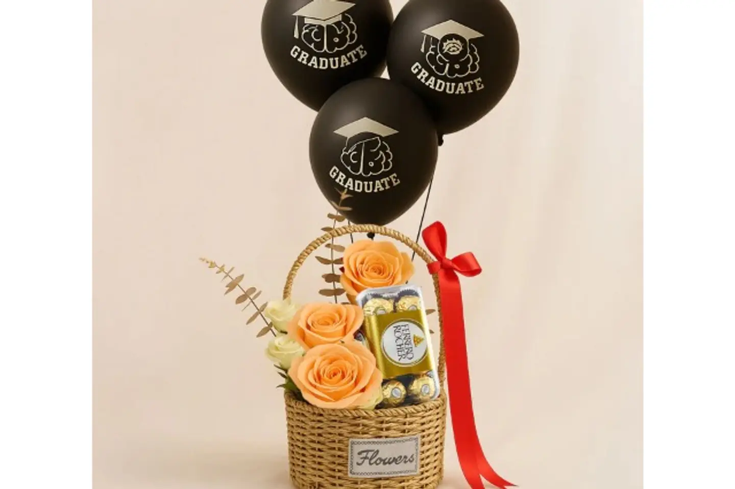 Graduation Gift: A Bouquet Of Roses With Chocolates And Helium Balloons