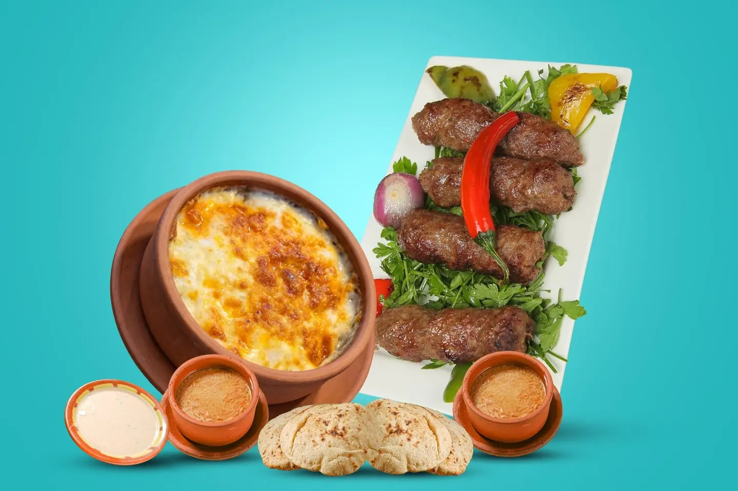 كباب لحم + مكرونة بالبشاميل + ٢ شوربة لسان + طحينة