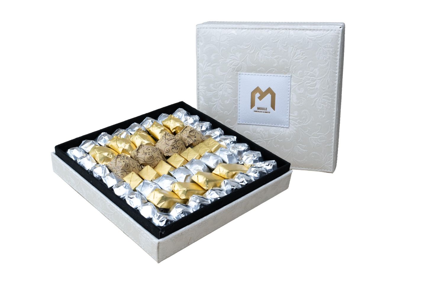 White Square Leather Box With Belgian Chocolate