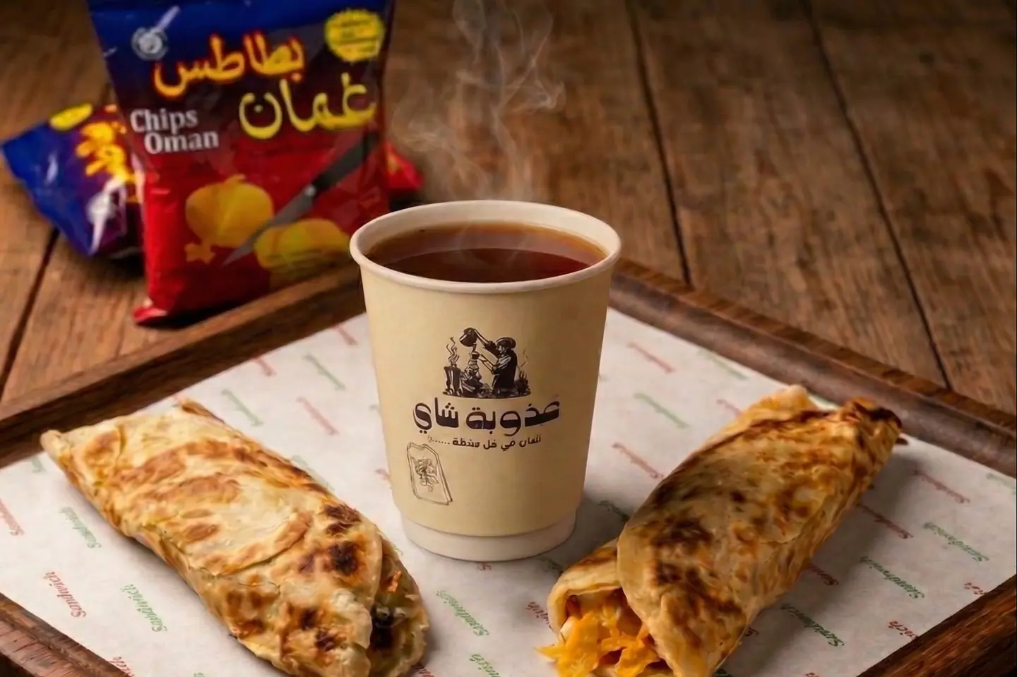 Two Chapatis With Oman Chips And A Hot Drink