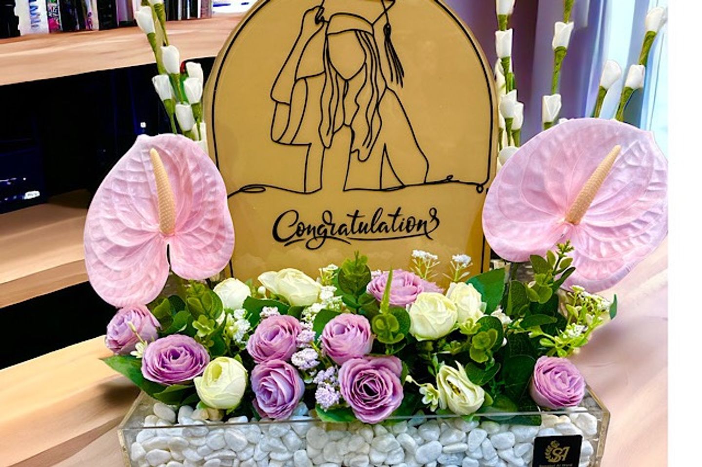Graduation Stand With Artificial Flowers For A Girl