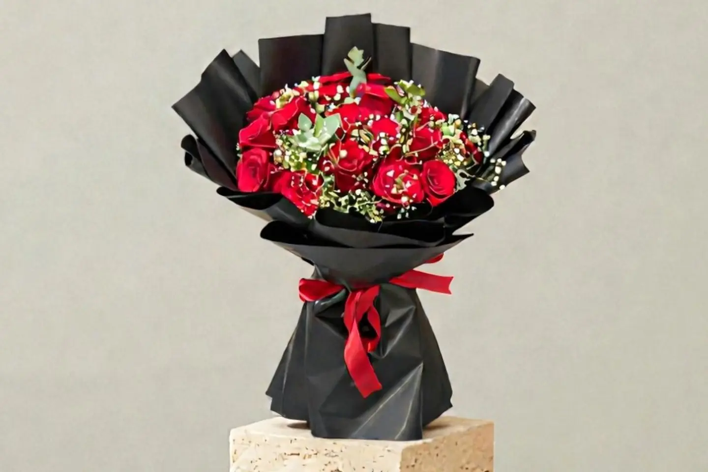 Bouquet Of Red Roses With Black Wrapping