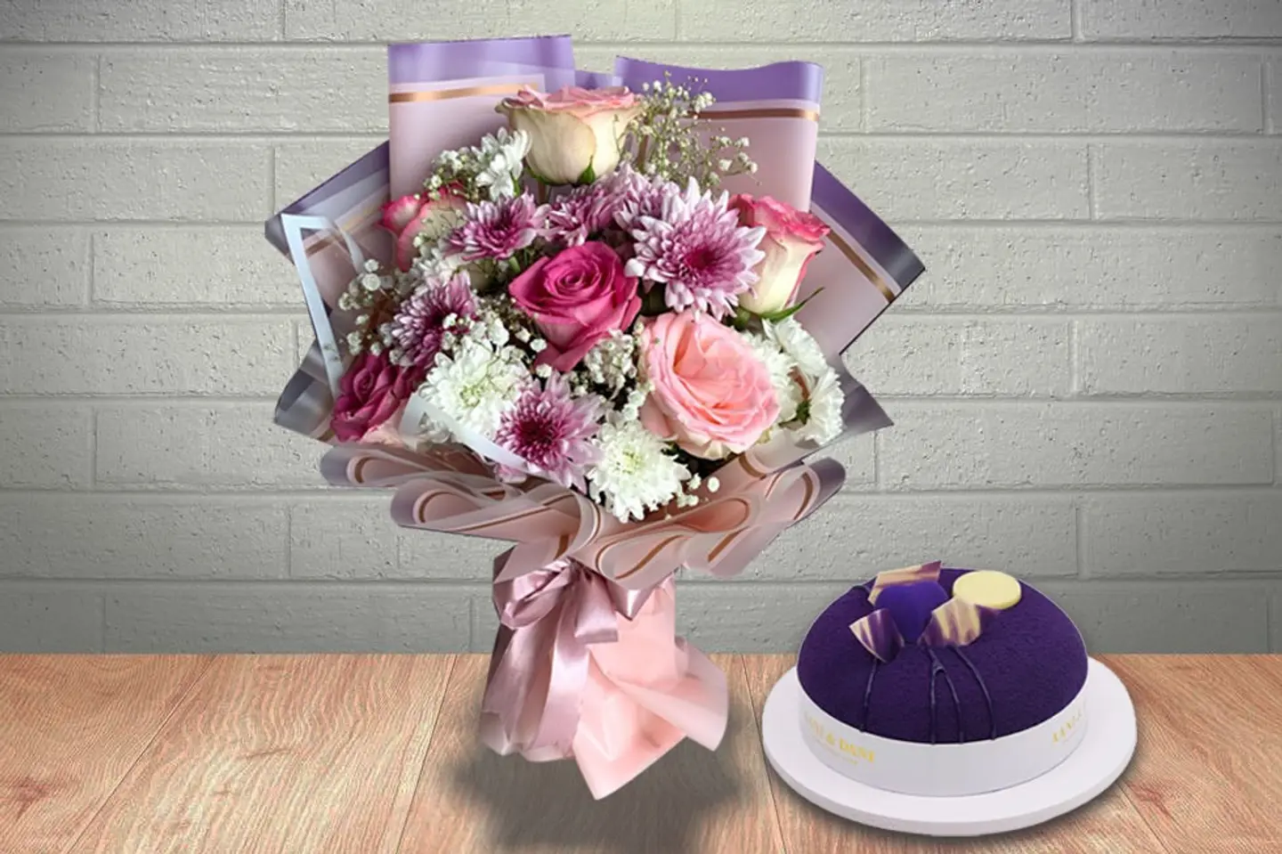 A Bouquet Of Roses With Cake