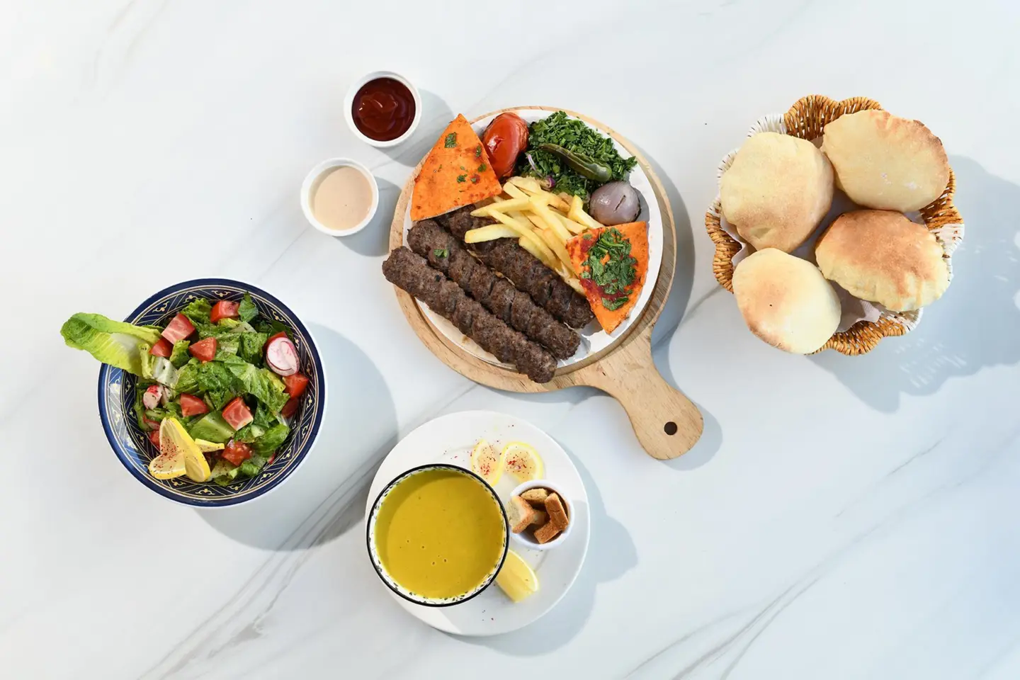Kebab Meat Or Chicken+ Arabic Salad + Lentil Soup