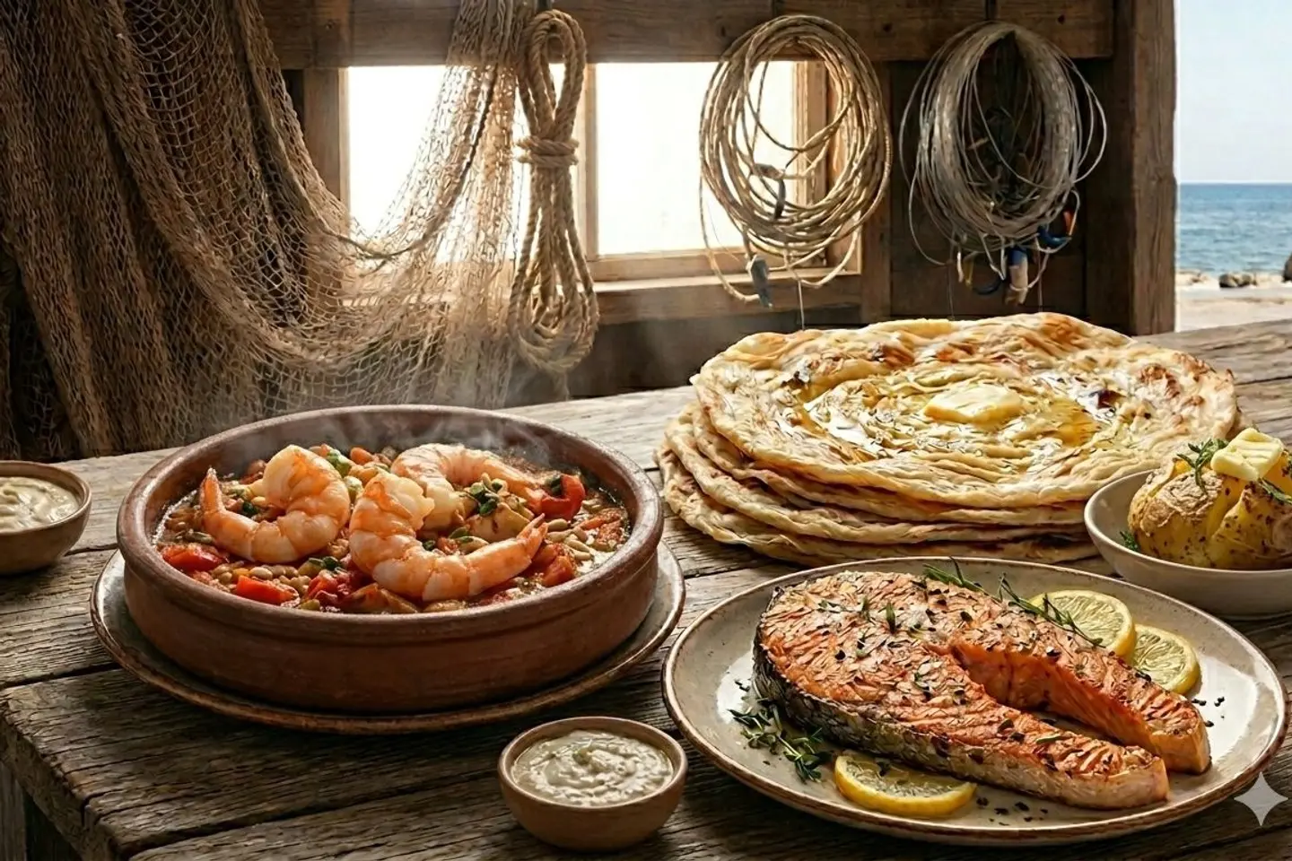 A Healthy Meal With Shrimp And Salmon